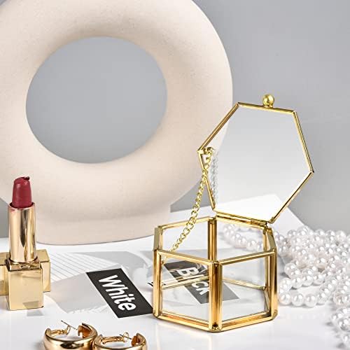 Feyarl Gold Glass Jewellery Box Tiny Trinket Box Ornate Earring Ring Box Artificial Flower Petals Decorative Box Valentine Wedding Birthday Christmas Gift (Small)