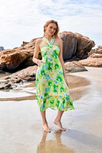 Image of GRACE KARIN Womens Summer Floral Dresses 2026 Boho Maxi Dress Flowy Halter Sundress Casual Vacation Beach Clothes with Pocket