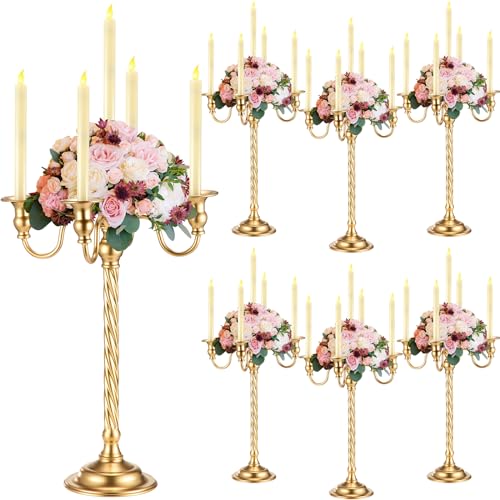 Tanlade 6 Pack Wedding Gold Candelabra Table Centerpieces 21 Inch Tall Candelabra Metal Candle Holder 5 Arm Taper Candlestick Flower Floor Candle Stand for Anniversaries Easter Birthday Holiday Party