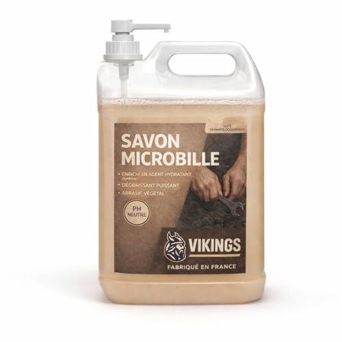 VIKINGS Jabón Microgranulado Vegetal, Gel Marrón, 5 Litros, Abrasivo con Huesos de Aceituna, Enriquecido con Glicerina, con Bomba Dosificadora, para taller y mecánicos