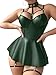Foxiny Sexy Strappy Leather Underwire Choker Garter Belt Mini Lingerie Set Dress with Thong 3 Piece Women Pu Latex Push Up Night Wear Outfits Green X-Large