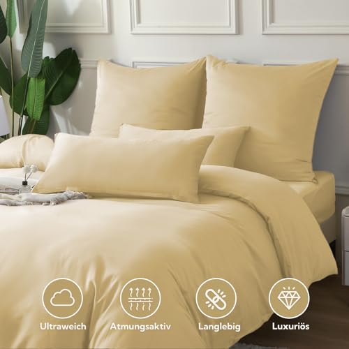 SOULFUL Satin Bettwäsche 200x200 Baumwolle Kühlend, Oeko-Tex, Dunkelbeige – Ansicht 2