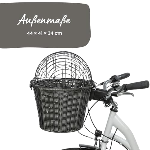 TRIXIE Front-Fahrradkorb – Fahrradkorb für Hunde – mit Lenkerhalterung und Gitter – mit Kissen – grau – 44 × 41 × 34 cm
