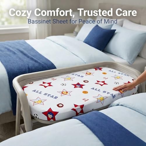 Image of 2-Pack Bassinet Sheets - 100% Cotton Percale Jungle Sports and Blue Bassinet Mattress Pad Fitted Sheet for Baby Boy; Compatible with Bassinet Bedside Co-Sleeper Lounger Brands; Oval Rectangle Mattress