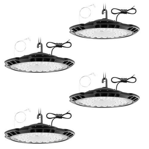 200W UFO LED High Bay Light with Chain -20000LM Ultra Thin 6500K Daylight White UFO Industrial Lamp IP65 Waterproof Commercial Area Lighting Fixture for Workshop Garage Factory Shop Warehouse-4Pack