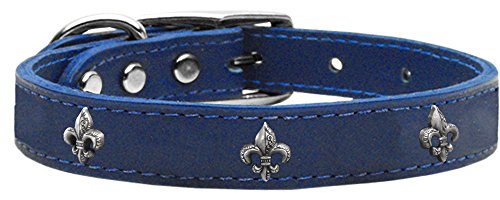 Mirage Pet Products Fleur De Lis Widget Genuine Leather Dog Collar, Size 12, Blue/Silver