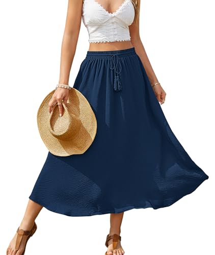 POMTIMCO Midi Rock Damen Sommer Röcke Langer Sommerrock Hohe Taille Wickelrock Mit Kordelzug Strandrock Freizeitrock Navy Blau S