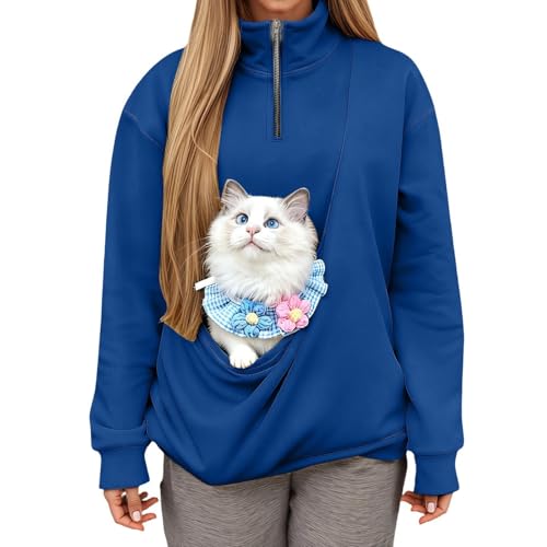 Sudadera sin capucha con cremallera de cuartos y bolsillo para gatos en color azul talla XXL