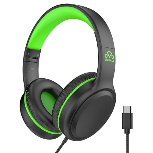 UKELALA Wired Headphones with Type C Cable for Boys Girls Kids Youth USB-C Headphones Lightweight Portable Compatible with Pad Phone for Adults Student Children Black Green