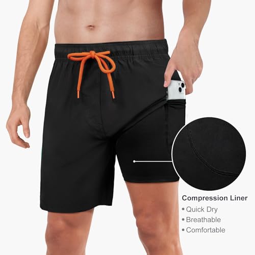 Image of Mens Swim Trunks with Compression Liner 2 in 1 Quick Dry Swimming Shorts Swimwear Bathing Suits with Pockets