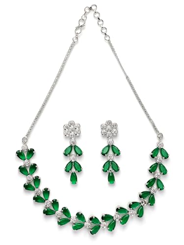 Image of Karatcart Silver Tone Green American Diamond Studded Necklace Set for Women