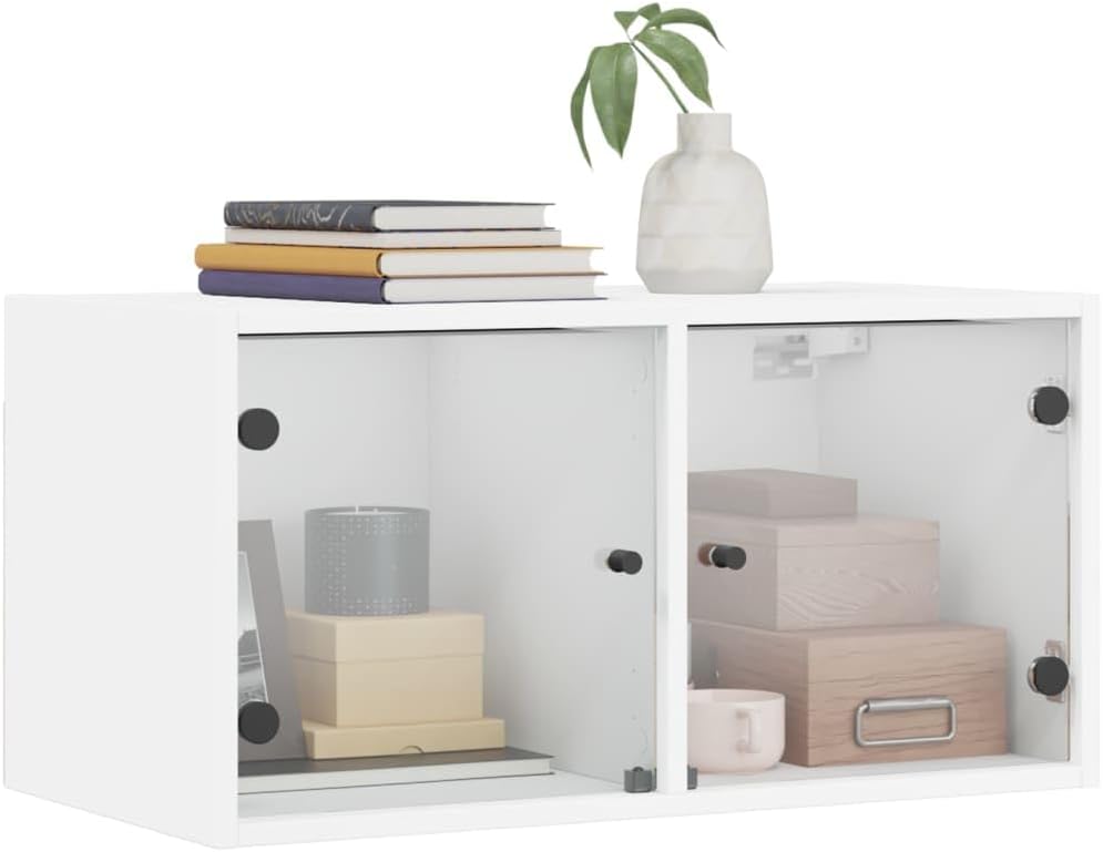 Wall Mounted Cabinet with Glass Doors, White Engineered Wood Furniture, 2 Compartment Storage for Kitchen or Living Room