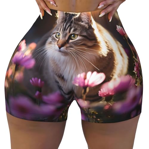 Flower Cat2 Pattern Sports Shorts, high Elastic Slim Fitness Pants, Suitable for Yoga/Leisure/Daily wear