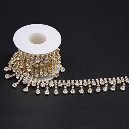 Jerler Gold Rhinestone Tassel Fringe Trim Crystal Close Chain Applique for Sewing Crafts Ideal Wedding Party Clothing DIY Decoration, 1 Yard 0.87" W