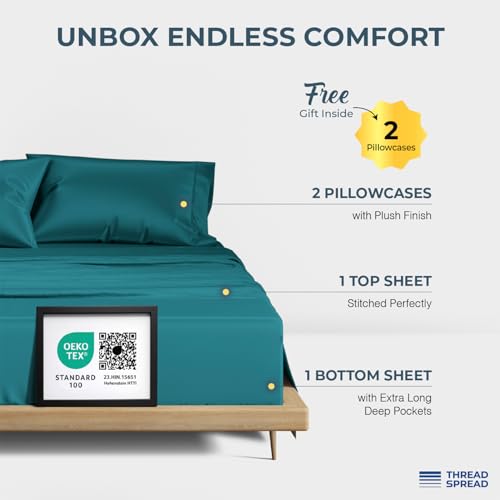 Image of THREAD SPREAD 100% Egyptian Cotton Sheets California King Size - 1500 Series Cal King Sheets Egyptian Cotton (4 PC, Teal), Silky Soft, Sateen Weave, Cooling & Breathable, 17 inch Deep Pocket Bed Set