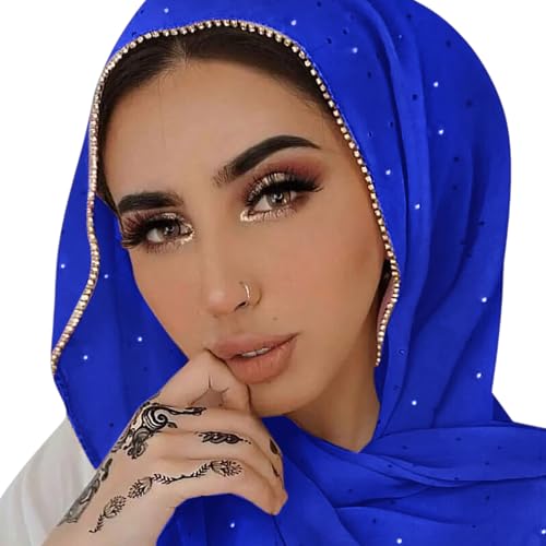 ANKOMINA Women Soft Chiffon Rhinestone Long Scarf Shawl Fashion Muslim Hijab Head Wrap Scarves, Royal, One size