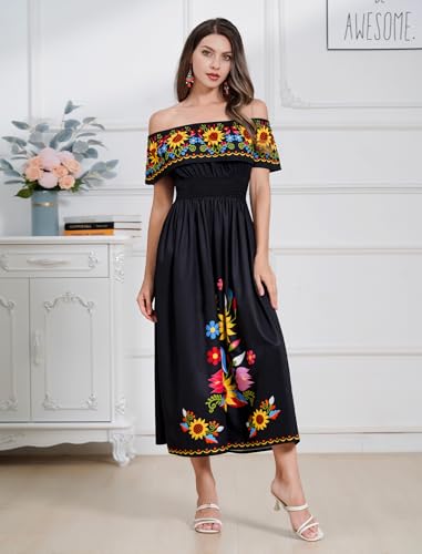 Image of IDOPIP Mexican Dress for Women Off Shoulder Traditional Mexican Fiesta Dress Floral Sunflower Cinco De Mayo Mexican Outfit