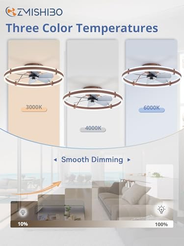 Image of ZMISHIBO 24 Inch Ceiling Fans with Lights and Remote, Modern Low Profile Ceiling Fan, 3000-6000K Dimmable Flush Mount LED Fan Light, 6 Wind Speeds, Fandelier Ceiling Fans for Bedroom- Brown