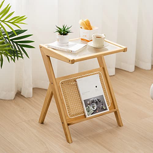 Tiita Rattan Nightstand Side Table, Bamboo Accent Bedside Tables, Glass Coffee Tables, Boho Wooden End Table With Storage For Small Space, Living Room And Bedroom #TOP7
