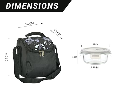 Image of Femora Borosilicate Glass Container Lunch Box with Bag for Office, School, Black, Round, 380 ML (2 Container+ 1 Bag)