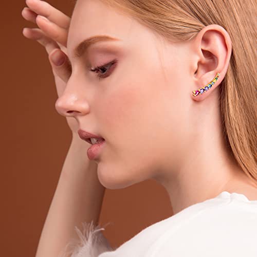 Crawler Earring For Women, Climber Earrings 9 Crystals Ear Cuffs Hypoallergenic Earrings Hoop Cartilage 14K Gold Plated Stud Earrings With Cz Jewelry For Mother's Gift Gift Birthday Anniversary (Colorful) #TOP3