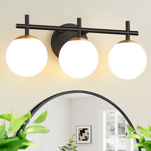Image of 3-Light Bathroom Light Fixtures, Black and Gold Vanity Lights for Bathroom with Milky White Glass Shade, 19.3 inch Bathroom Lighting Fixtures Over Mirror, Compatible with E12 Bulbs (Bulb Not Included)