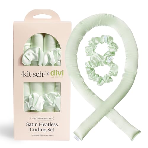 Divi x Kitsch - Juego de rizadores de satén sin calor, rizadores de pelo sin calor, rizos sin calor durante la noche, rizadores de cabello para dormir, varillas de soplado durante la noche, rodillo