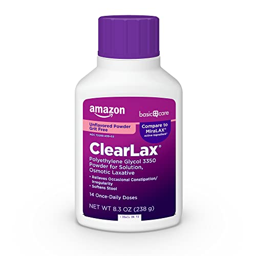 Amazon Basic Care ClearLax, Polyethylene Glycol 3350 Powder for Solution, Osmotic Laxative, Unflavored, 8.3 ounce (Pack of 1)
