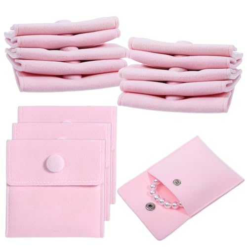 InnoHHustle 12PCS Microfiber Jewelry Pouch, Pink Jewelry Packaging Bag 7x7cm Luxury Small Gift Bags Portable Jewelry Pouch with Snap Button for Ring Necklace Earring Bracelet Packaging