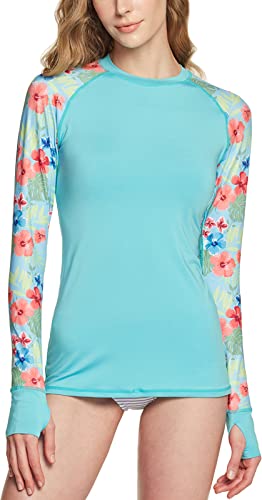 TSLA Bademode Langarm Top UV-Schutz UPF 50+ Aktiv Rash Guard für Damen, Fsr41 1pack - Flower Aqua, L Cover