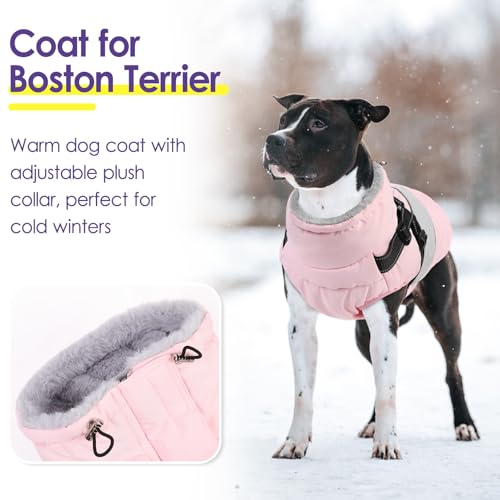 Image of Small Dog Coat with Harness Built in, Warm Dog Jacket Winter with Zipper On Back, Waterproof Pet Snow Jacket Snowsuit Pet Sweater Clothes for Puppy, Pink XS