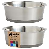 GORILLA GRIP Dog Bowls, Food Grade 304 Stainless Steel, Holds 2 Cups Each (16 fl oz) Food and Water Bowl for Feeding Dogs and Cats, Dishwasher Safe, Rust Resistant, BPA Free Rubber Base Set of 2 Gray