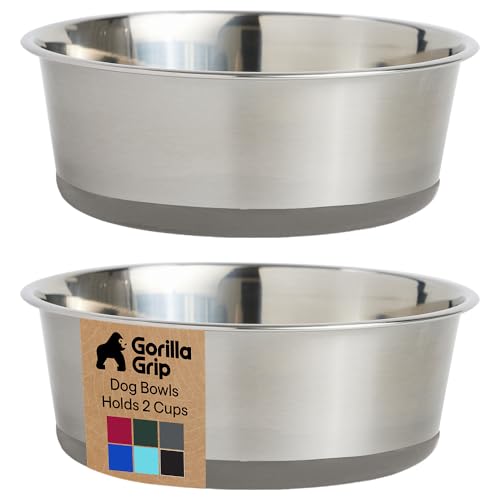 GORILLA GRIP Dog Bowls, Food Grade 304 Stainless Steel, Holds 2 Cups Each (16 fl oz) Food and Water Bowl for Feeding Dogs and Cats, Dishwasher Safe, Rust Resistant, BPA Free Rubber Base Set of 2 Gray
