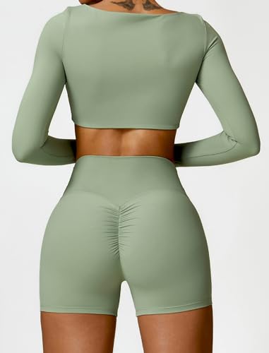 Image of ABOCIW Women Square Neck Long Sleeve Workout Crop Top Low Medium Impact Athletic Yoga Gym Shirts with Built in Bra(ONLY TOP)