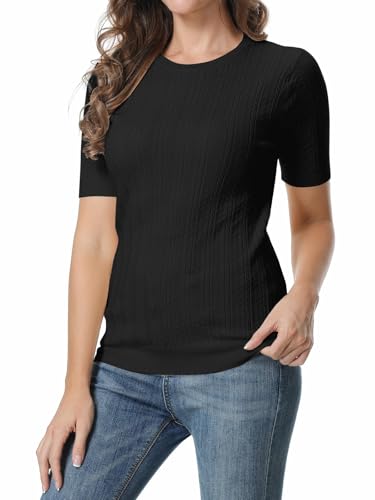 Image of SANGTREE Women's Cable Knit Half Sleeve Sweaters, Crew Neck Solid Color Knitted Summer Pullover Tops