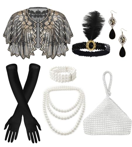 Ginkago 20er Jahre Accessoires Damen 20er Jahre Charleston Kostüm Perfekte für 20er Jahre Kostüm Damen, Karneval, Halloween (Schwarz-7PCS)