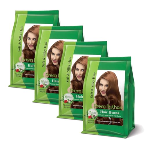 Prem Dulhan Hair Henna 125 g/4.40 Ounce for Vibrant & Long-Lasting Results, Natural Brown Shade, Ammonia-Free & PPD-Free Coloring, Sachets (Pack of 4)
