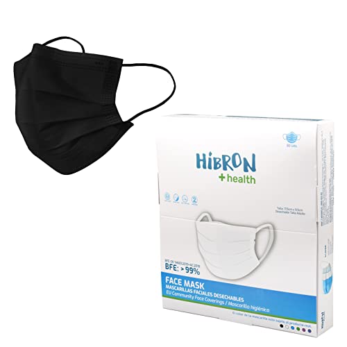 HIBRON 50 Mascarillas Desechables Homologadas Europea, CWA 17553: 2020, BFE  99%, Negra Cara Exterior