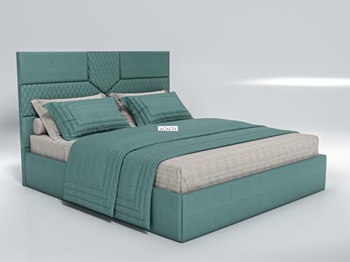 Image of Acacia Modern Upholstered Queen Size Bed with Box Storage for Bedroom | Wooden Double Bed with Storage | Platform Cot Bed with Upholstery Premium Fabric | 6.5 x 5 Ft | Sheesham Wood (Viridian Green)