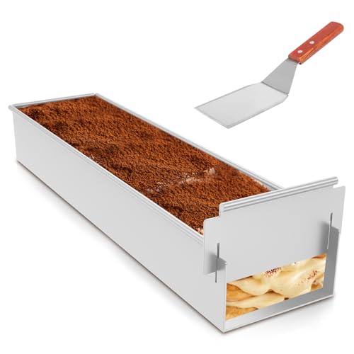 JUNFEIFLUX Edelstahl Tiramisu Form,Backrahmen Rechteckig Verstellbar,Wiederverwendbare rechteckige Backform,Mousse Kuchenform mit Pfannenwender und Abnehmbarem Seitenteil