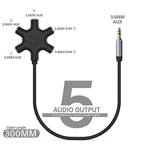 Image of Multi Headphone Audio Splitter, 5-Way 3.5mm Jack Stereo Headset Adapter to Connect Up to 5 Devices for Mixing, Shared Experiences - for iPhone, iPad & More