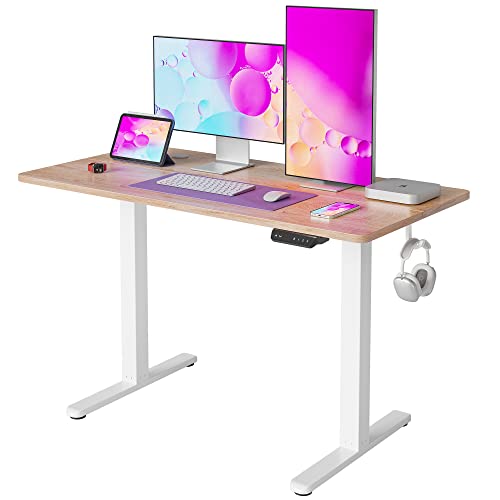 FEZIBO Electric Standing Desk, 48 x 24 Inches Height Adjustable Table, Ergonomic Home Office Furniture with Splice Board, White Frame/Maple FEZIBO Electric Standing Desk, 48 x 24 Inches Height Adjustable Table, Ergonomic Home Office Furniture with Splice Board, White Frame/Maple
