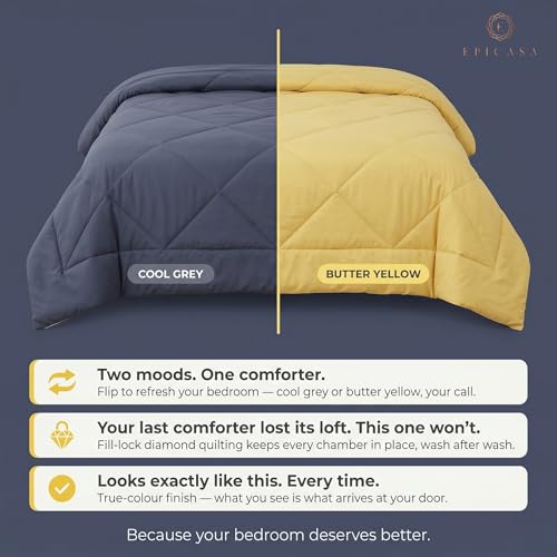 Image of Epicasa Reversible Comforter | 200 GSM Thermal Bonded Fill | 110 GSM Micro Peach Fabric | All Season AC Quilt | Diamond Quilted | Lightweight Duvet Blanket for Home Bedroom | Cool Grey & Butter Yellow