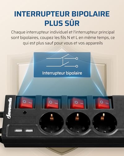 Multiprise avec 6 prises DEWENWILS, 2 USB et interrupteurs individuels de 2m