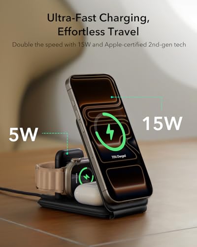 Image of ESR 3 in 1 Charging Station for Apple, [Certified] Apple Watch Charger & 15W MagSafe Charger Stand for iPhone, Travel Charger for Multiple Devices, iPhone 17-12, Watch & AirPods, Black