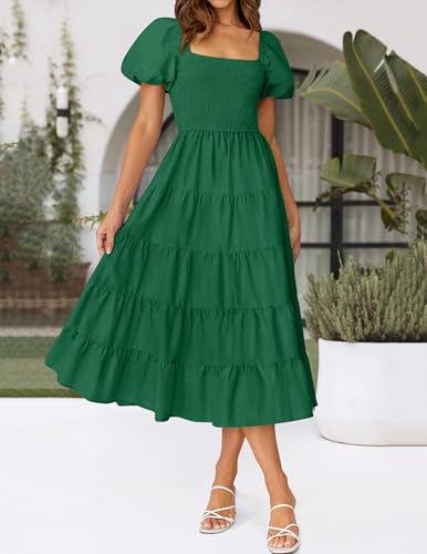 Image of ZESICA Women's 2026 Summer Puff Sleeve Midi Dress 2026 Boho Solid High Waist Flowy Beach Wedding Guest Long Dresses
