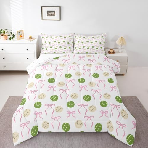 Erosebridal Girls Cartoon King Size Bedding Set, Green Tennis Balls Print Comforter Set for Teens Girls Room Decor, Cute Pink Bow Knots Bedding Comforter Sets, Preppy Sports Themed Bed Sets