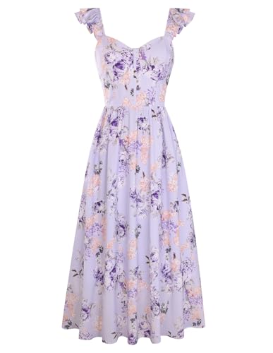 Damen Kleider Sommer Spaghettiträger Rüschen Blumen Sommerkleid Lang Chiffon A-line Bogen Strandkleid mit Taschen Lila Blumen M