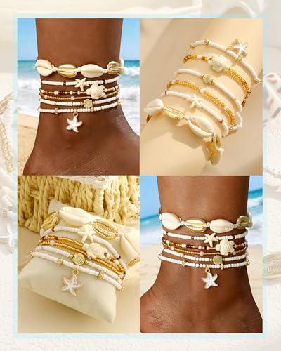 Image of iF YOU Gold Ankle Bracelets for Women, 14k Gold Plated Waterproof Cuban Link Chain Anklets Set, Layered Anklet Bracelets for Women Beach Gift Adjustable Size 5pcs