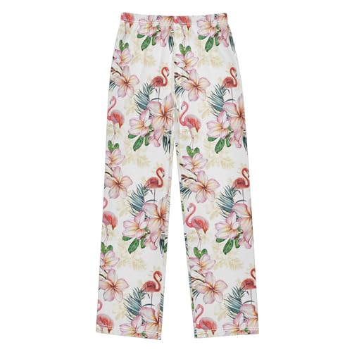 Flamingo Hibiscus Flowers Boys Long Pants Soft Trousers Elastic Waist Kids Lounge Bottoms with Pockets S-XL